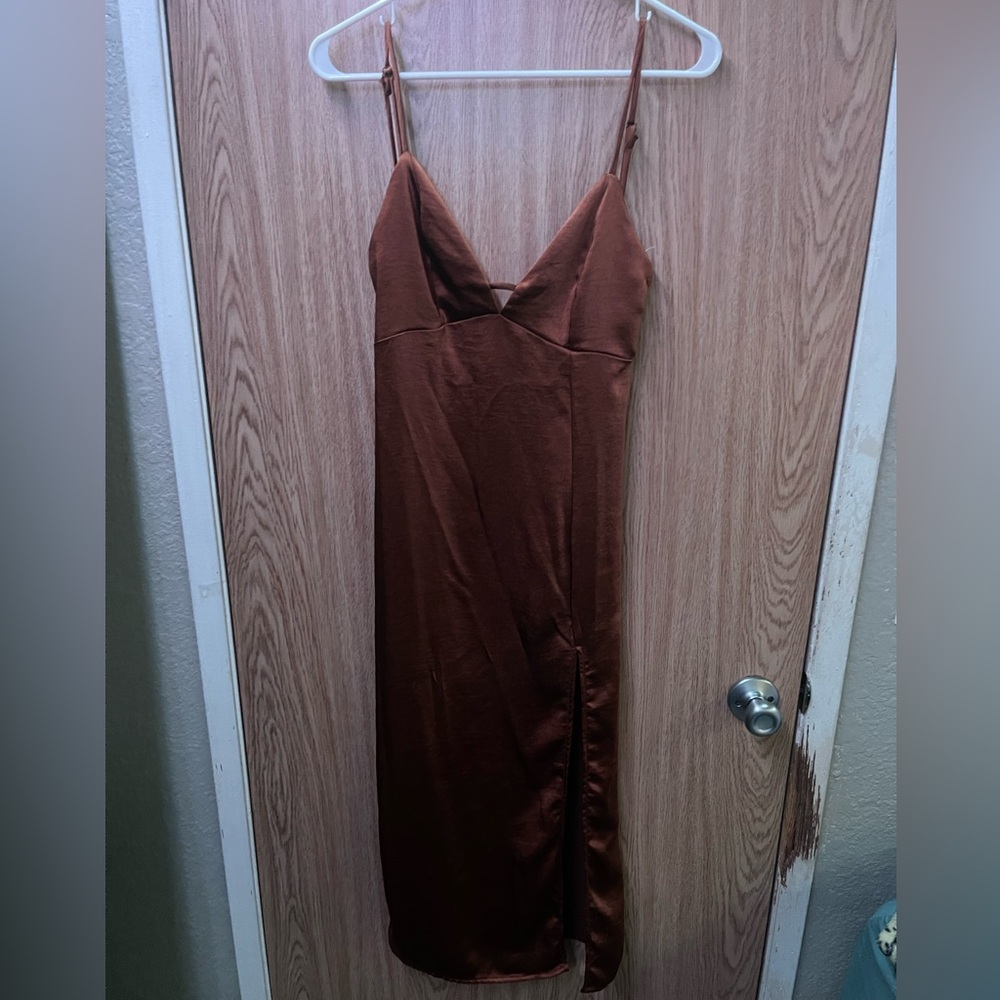 Brown/bronze slip dress w/ thigh slit
